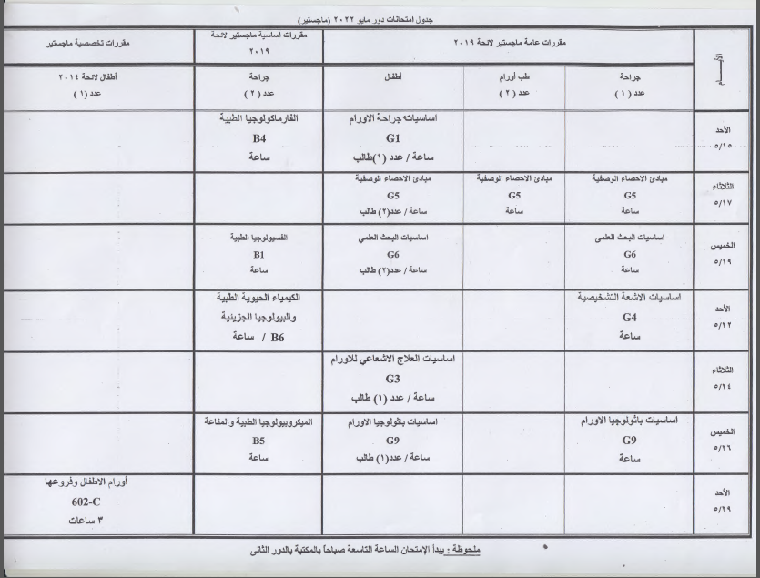 جدول امتحانات دور مايو 2022 (ماجستير)