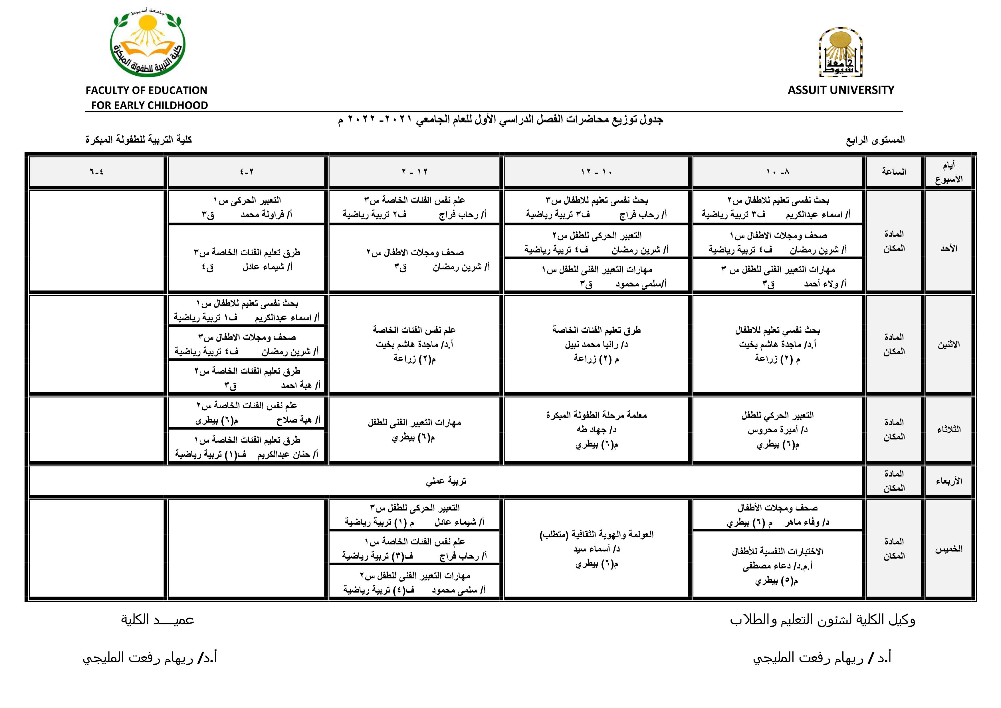 الجدول الدراسى للمستوى الرابع