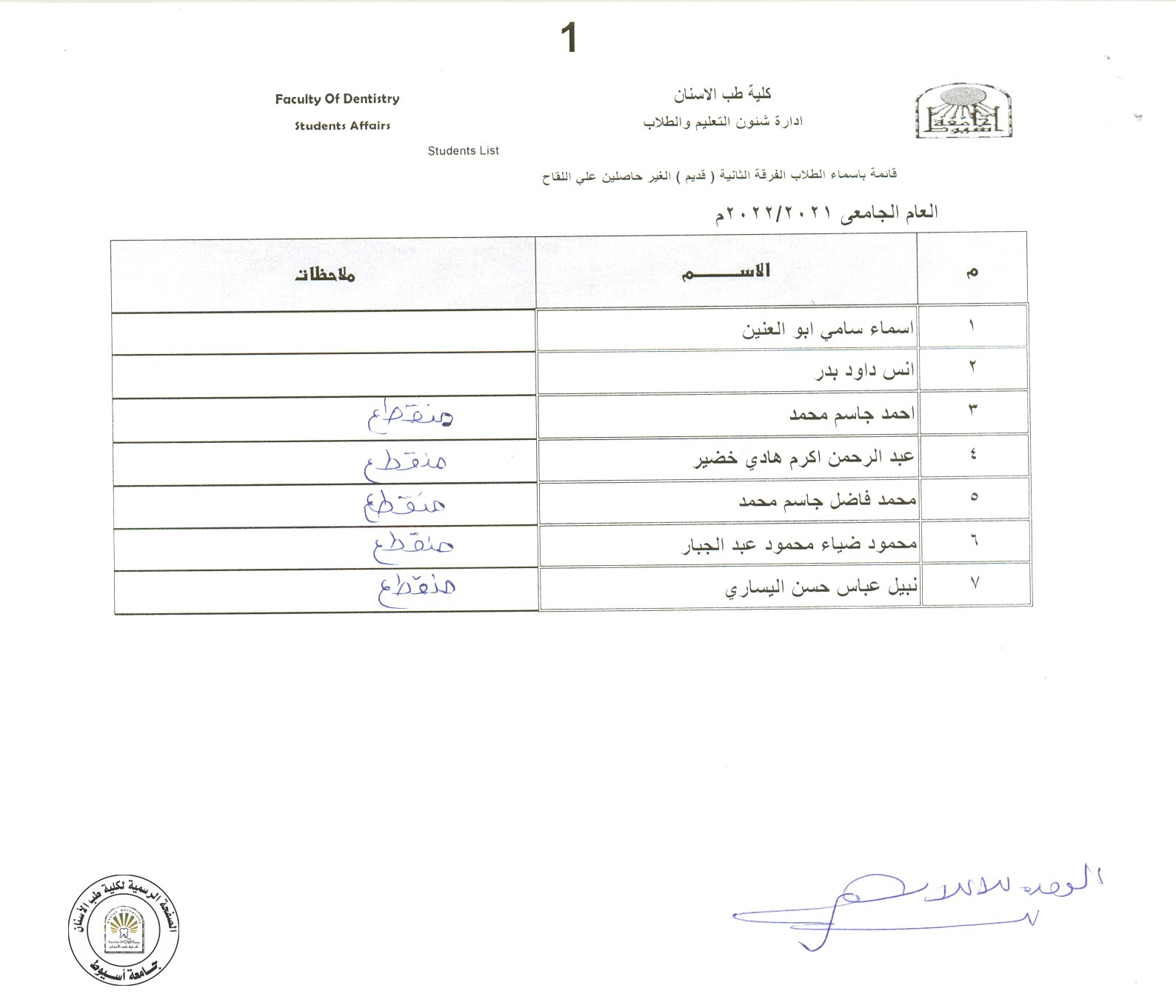 سيتم منع الطلاب الاتي اسمائهم من الفرقة الثانية ، قديم  من دخول قاعات المحاضرات و السكاشن العملية و ذلك لعدم استيفائهم اجراءات لقاح كورورنا وفق الاعلانات التي سبق نشرها .