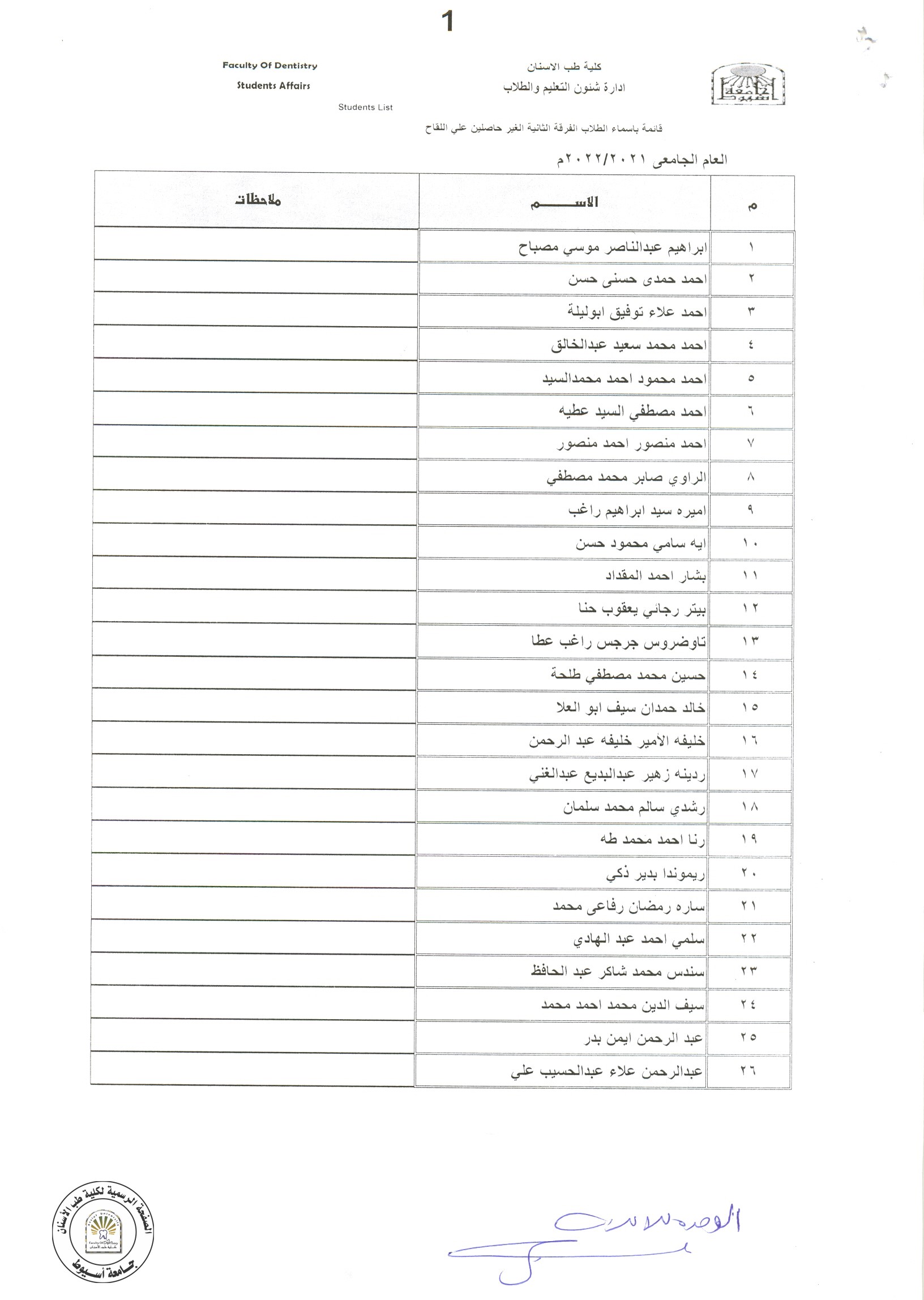 سيتم منع الطلاب الاتي اسمائهم من الفرقة الثانية ، قديم  من دخول قاعات المحاضرات و السكاشن العملية و ذلك لعدم استيفائهم اجراءات لقاح كورورنا وفق الاعلانات التي سبق نشرها .