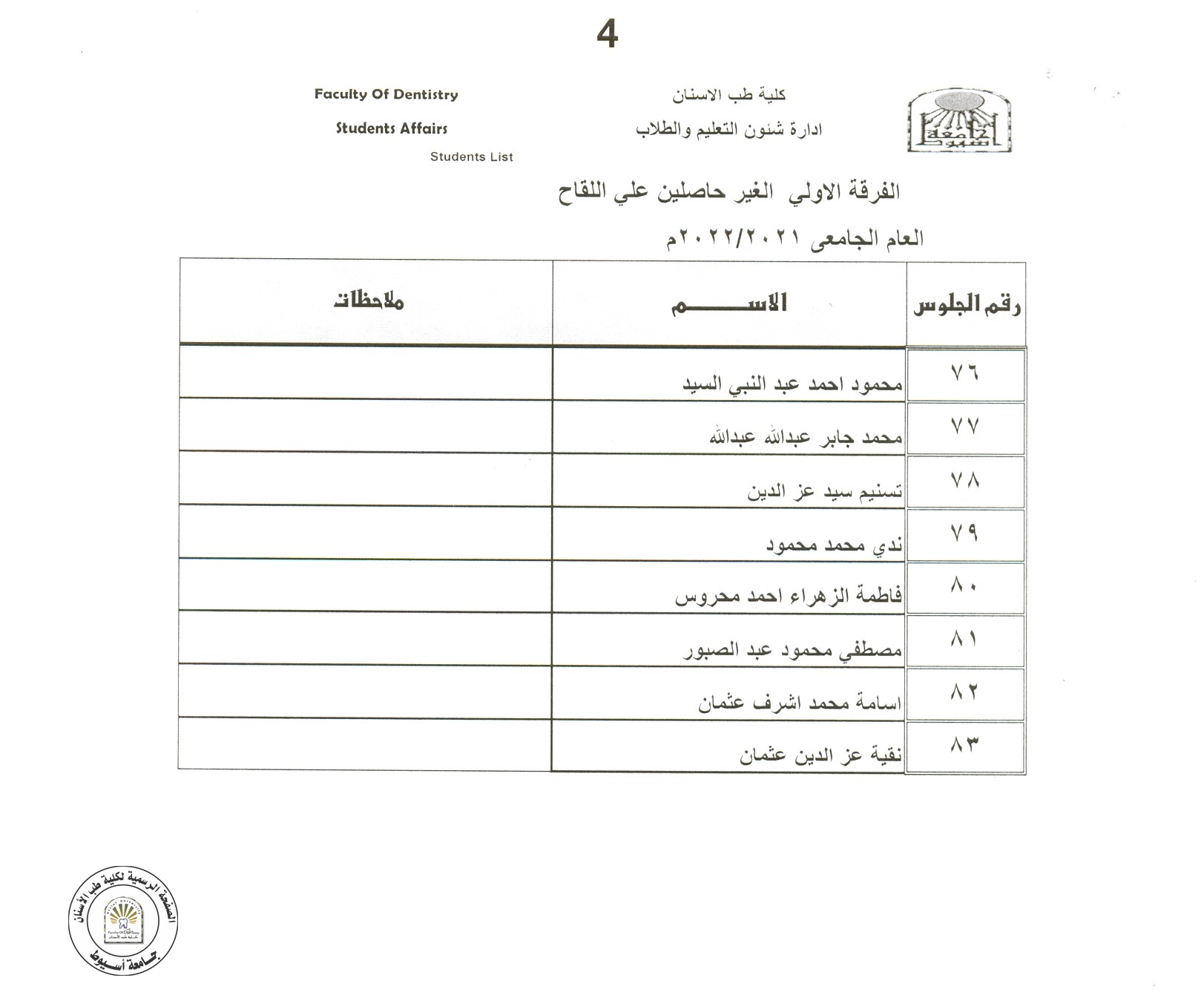 سيتم منع الطلاب الاتي اسمائهم من الفرقة الاولى من دخول قاعات المحاضرات و السكاشن العملية و ذلك لعدم استيفائهم اجراءات لقاح كورورنا وفق الاعلانات التي سبق نشرها .