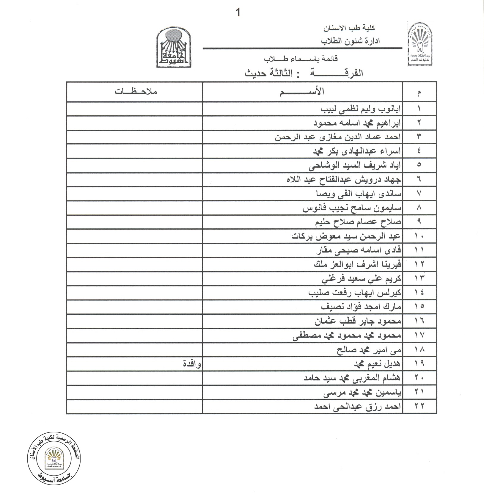 سيتم منع الطلاب الاتي اسمائهم من الفرقة الثالثة حديث  من دخول قاعات المحاضرات و السكاشن العملية و ذلك لعدم استيفائهم اجراءات لقاح كورورنا وفق الاعلانات التي سبق نشرها .