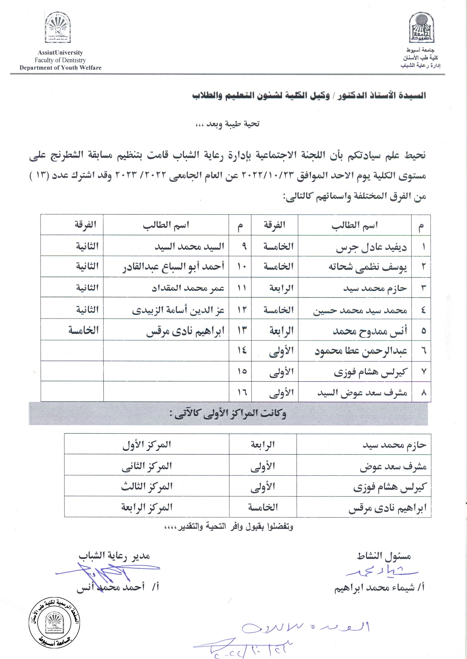 اعلان الفائزون في مسابقة الشطرنج للعام الجامعي 2022/2023.