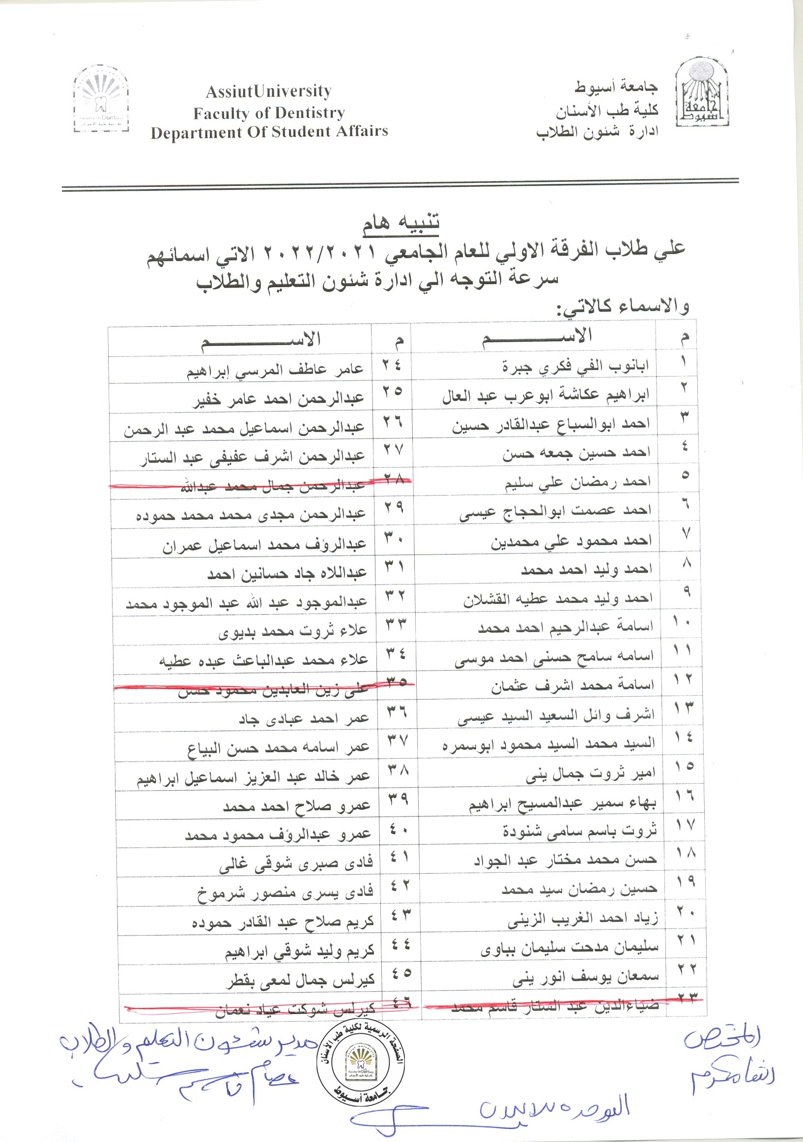 على طلاب الفرقة الاولى للعام الجامعي 2021/2022 الآتي اسمائهم سرعة التوجه لإدارة شئون التعليم والطلاب .
