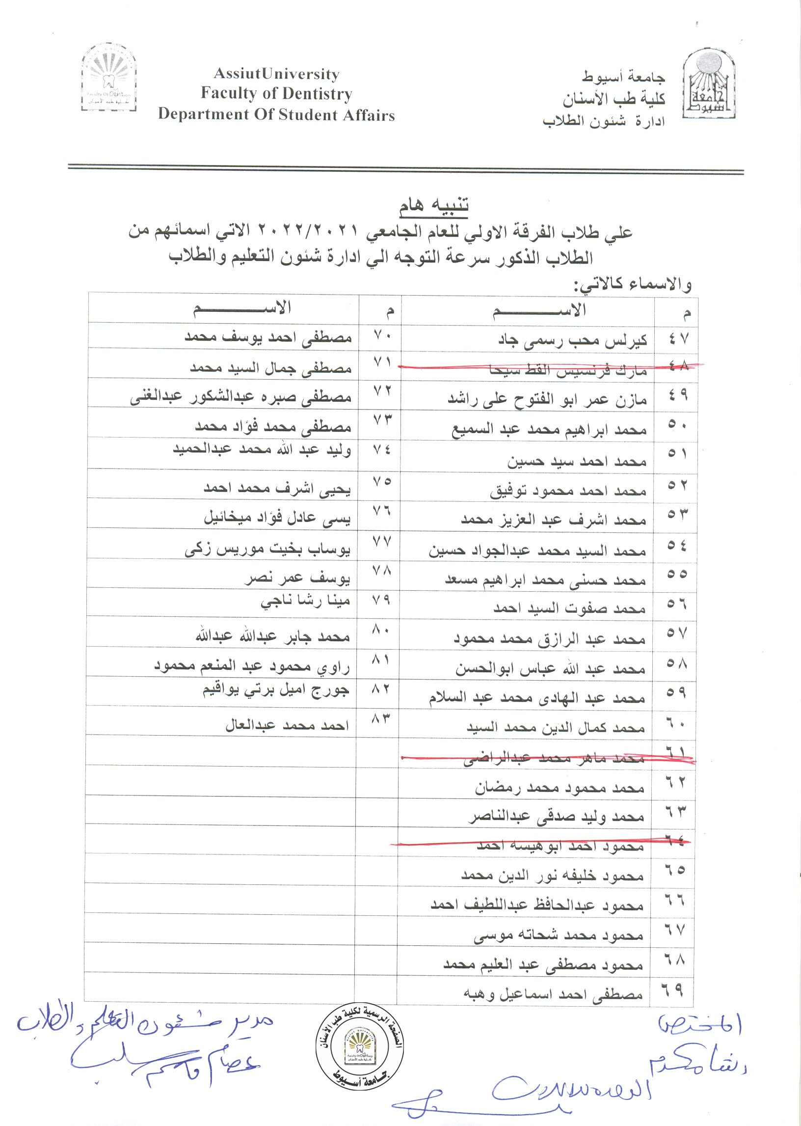 على طلاب الفرقة الاولى للعام الجامعي 2021/2022 الآتي اسمائهم سرعة التوجه لإدارة شئون التعليم والطلاب .