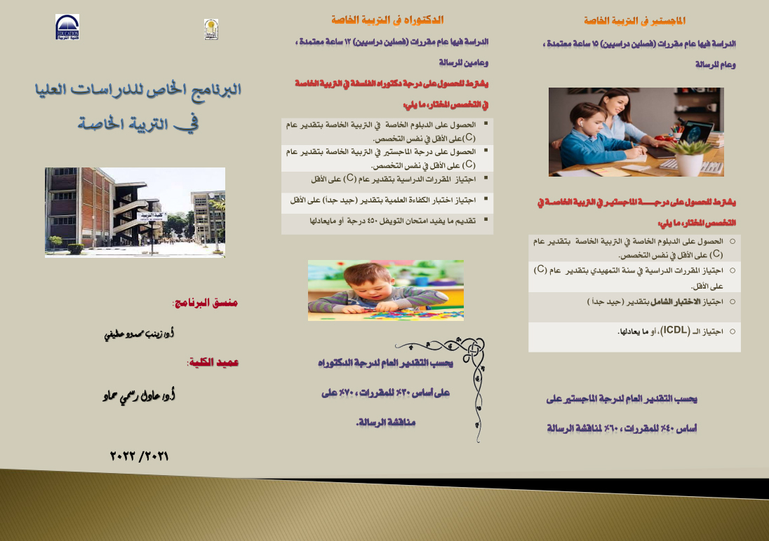 الدبلوم الخاص للدراسات العليا في التربية الخاصة بنظام الساعات المعتمدة ( الدبلوم الخاصة في التربية الخاصة – الماجستير – الدكتوراه)