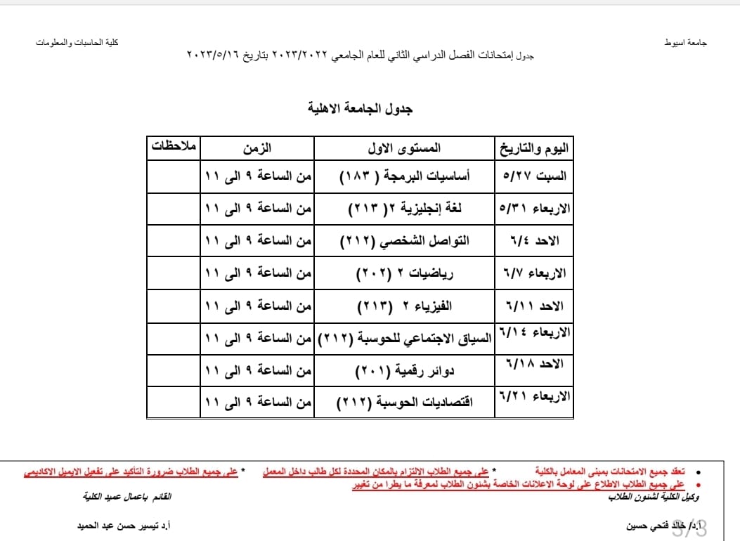 Exam schedule for the second semester 2022-2023, Al-Ahlia University