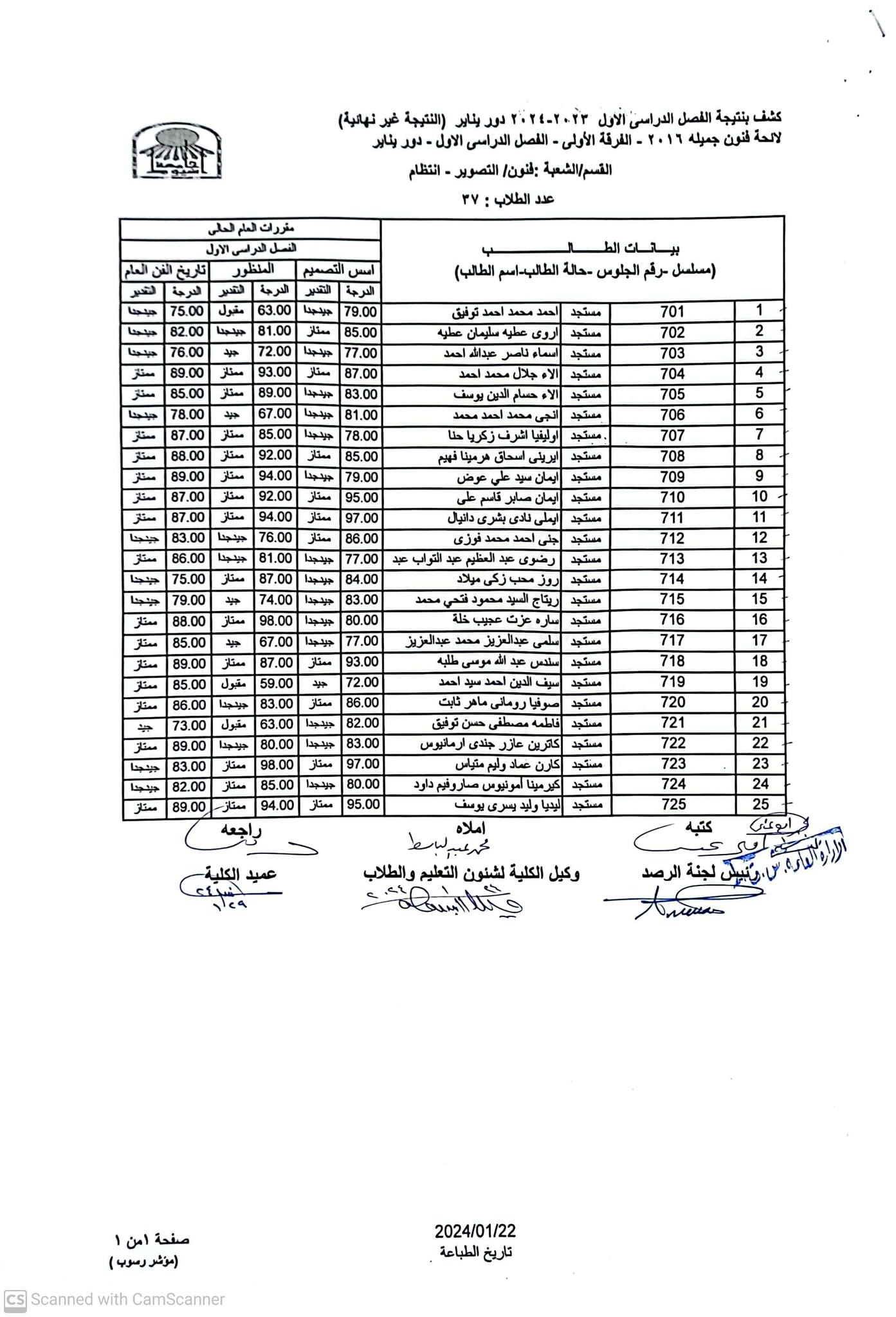 نتيجة الفرقة الاولى - قسم التصوير - الفصل الدراسى الاول - العام الجامعى 2023-2024م