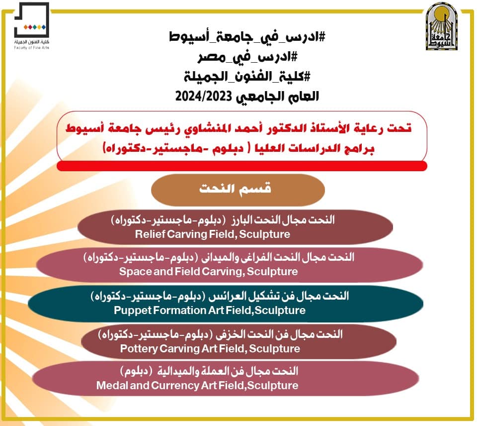 أعرف أكثر عن برامج الدراسات العليا  كليات ومعاهد جامعة أسيوط كلية الفنون الجميلة  ( دبلوم /ماجستير / دكتوراه)