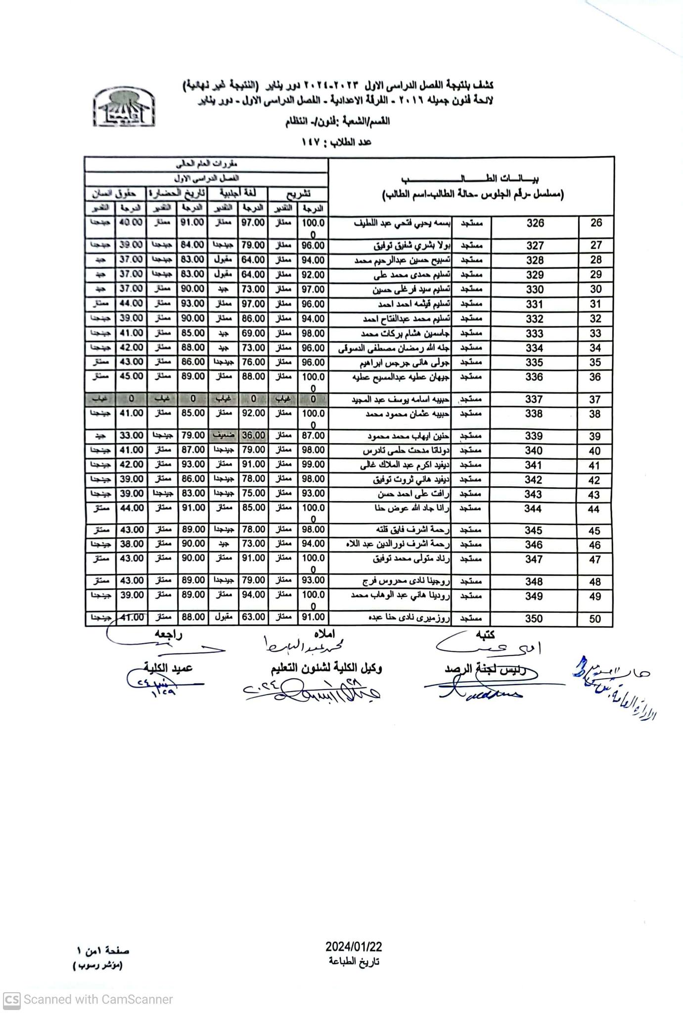 نتيجة الفرقة اعدادى فنون- الفصل الدراسى الاول - العام الجامعى 2023-2024م
