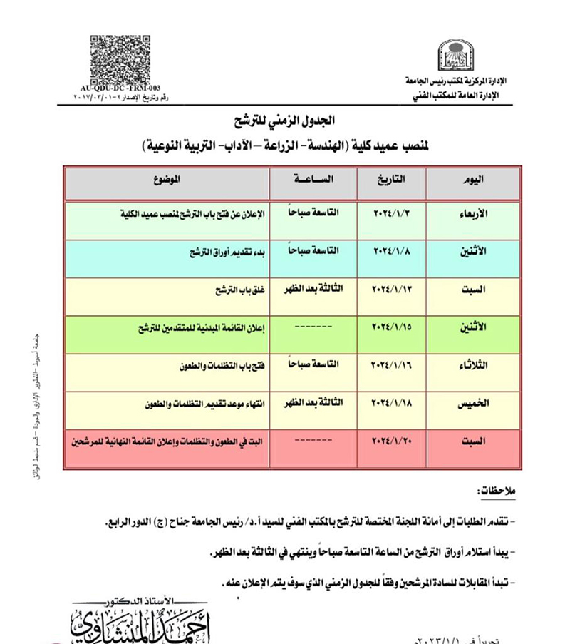 جامعة أسيوط تفتح باب الترشح وتعلن الجدول الزمني لشغل منصب عمادة أربعة كليات