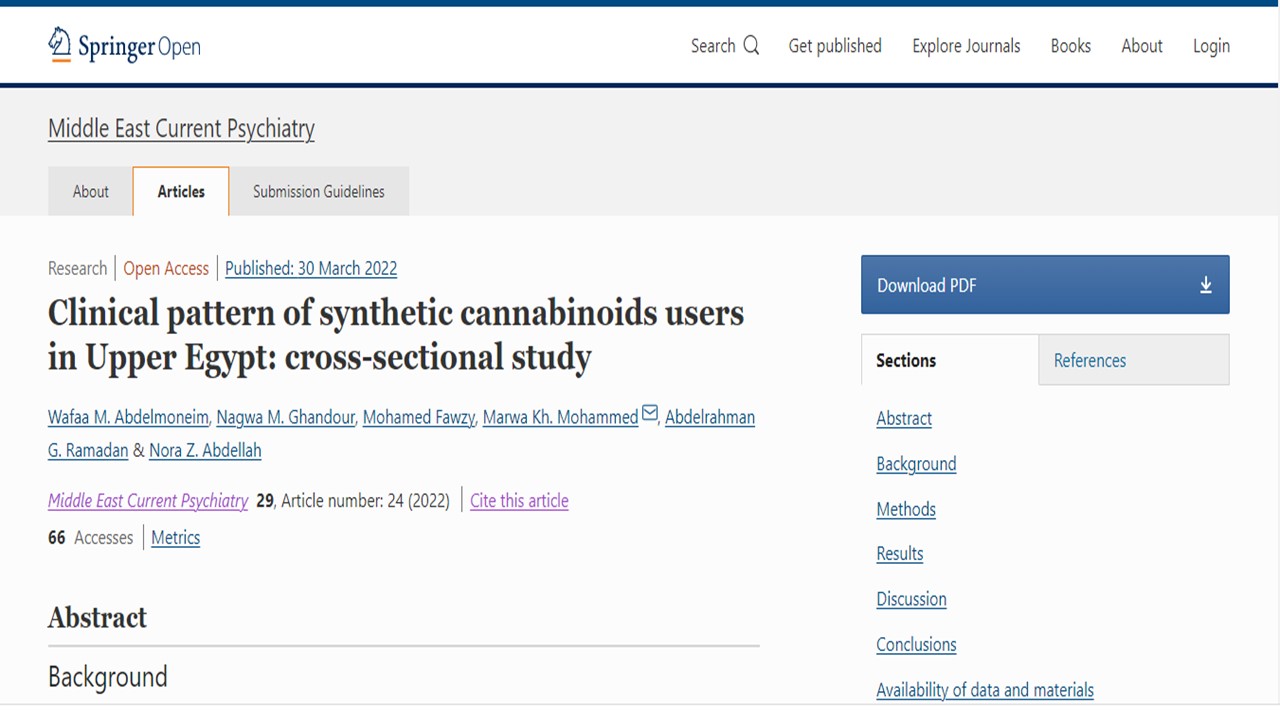 This study was conducted to identify the epidemiologic data of acute and chronic toxicity by synthetic cannabinoids in Upper Egypt patients.