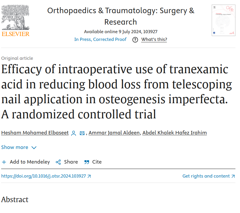 Efficacy of intraoperative use of tranexamic acid in reducing blood loss from telescoping nail application in osteogenesis imperfecta. A randomized controlled trial