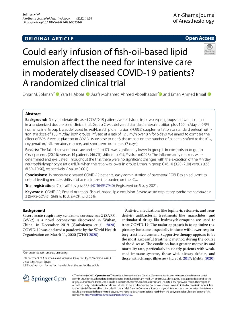 Could early infusion of fish‑oil‑based lipid emulsion affect the need for intensive care in moderately diseased COVID‑19 patients? A randomized clinical trial