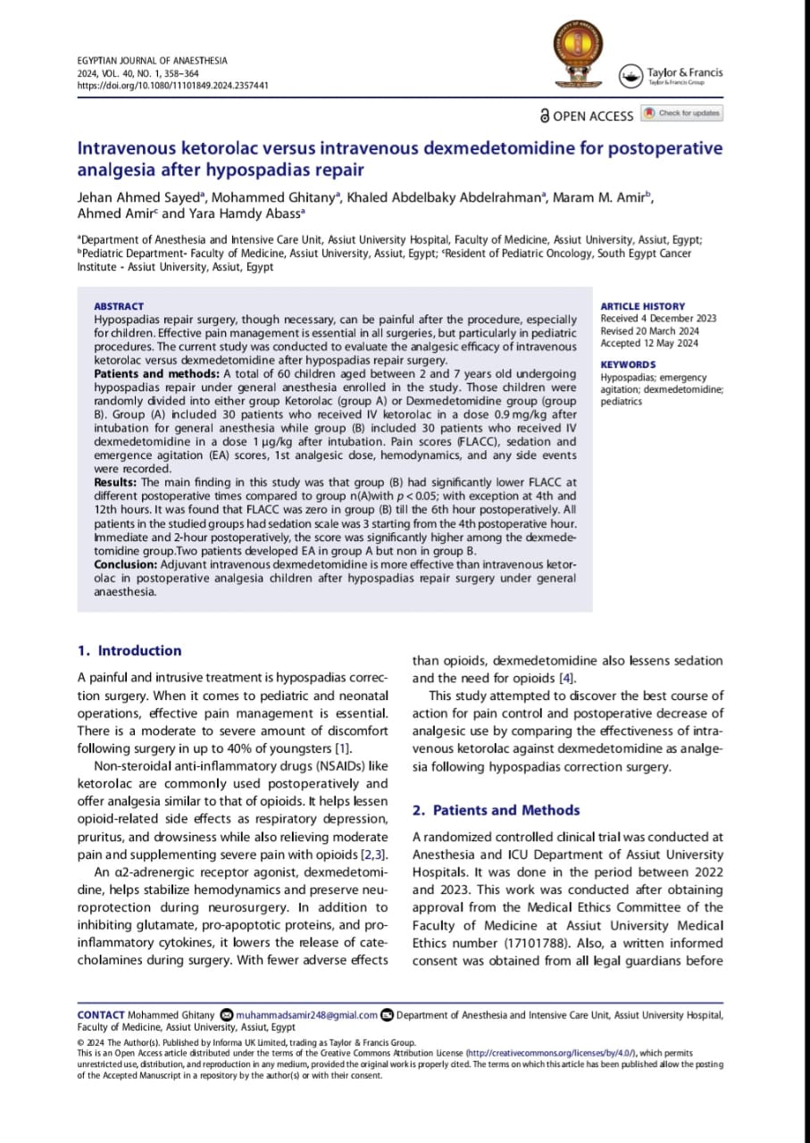 Intravenous ketorolac versus intravenous dexmedetomidine for postoperative analgesia after hypospadias repair 