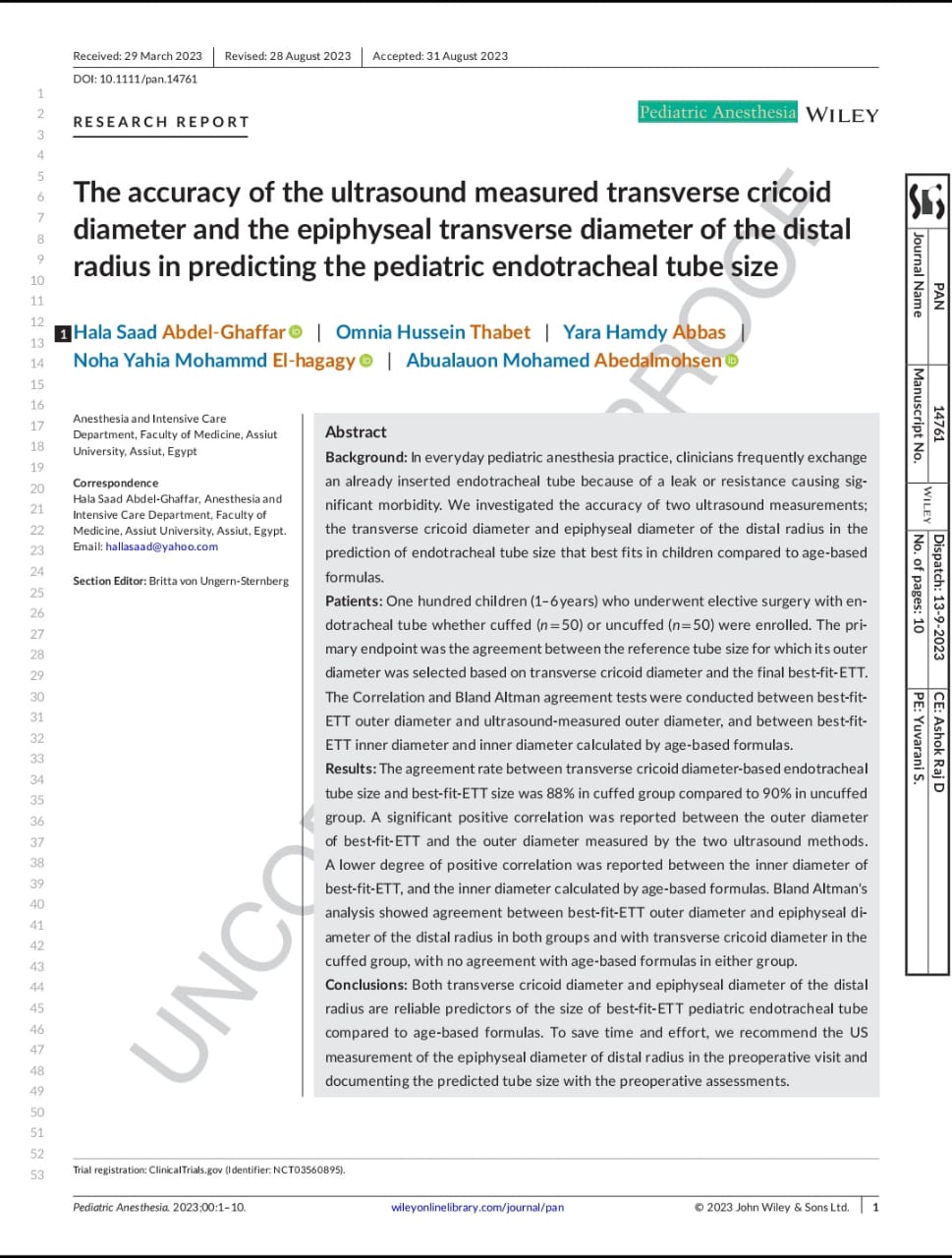 The Accuracy of The Ultrasound Measured Transverse Cricoid Diameter and The Epiphyseal Transverse Diameter of the Distal Radius in Predicting the Pediatric Endotracheal Tube Size