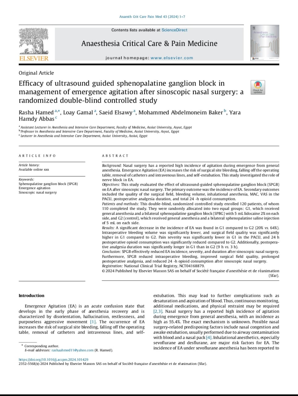 Efficacy of Ultrasound Guided Sphenopalatine Ganglion Block on Emergence Agitation After Sinoscopic Nasal Surgery Under Sevoflurane Anesthesia: A Randomized Controlled Double-Blind Study