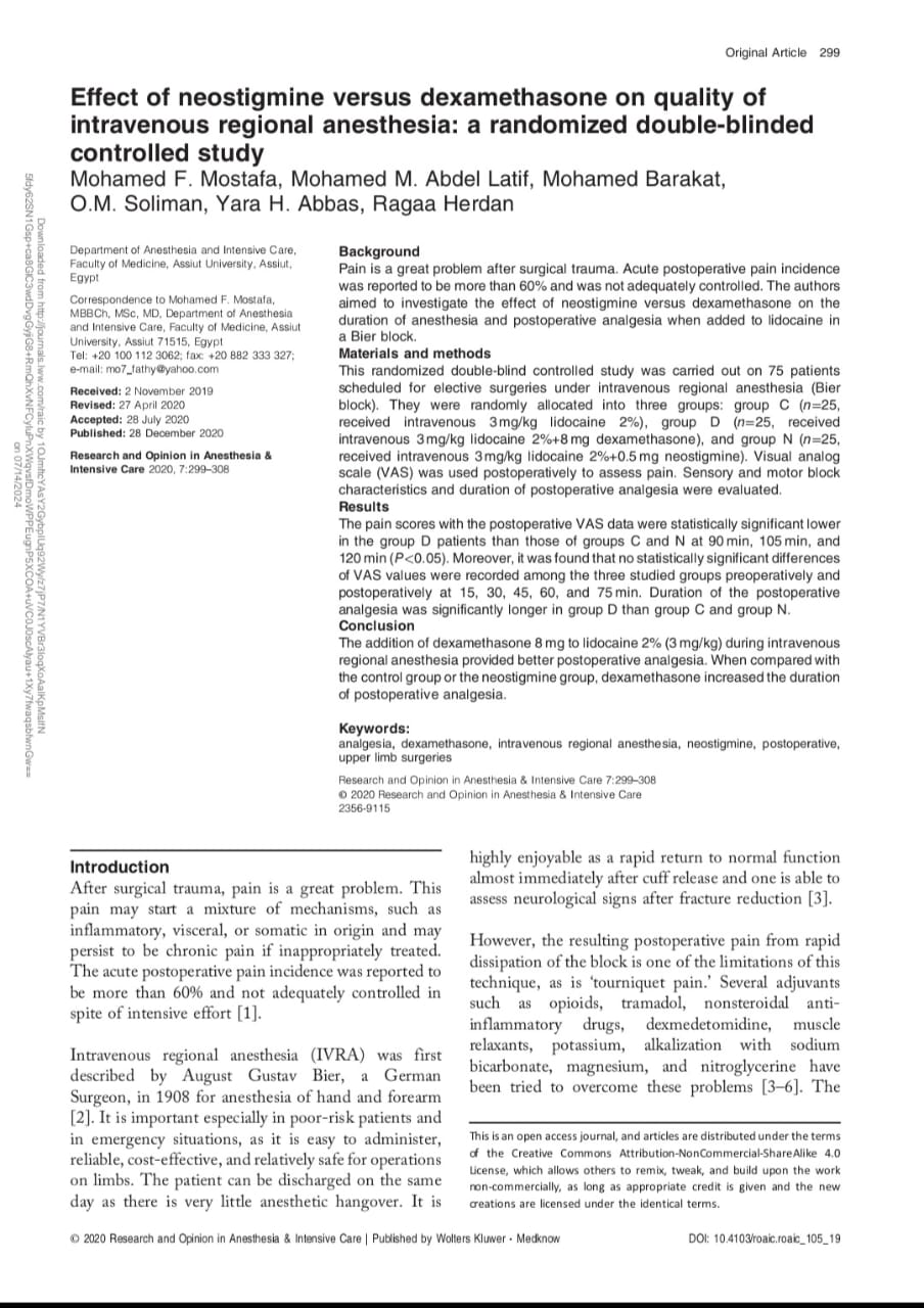Effect of neostigmine versus dexamethasone on quality of intravenous regional anesthesia: a randomized double-blinded controlled study