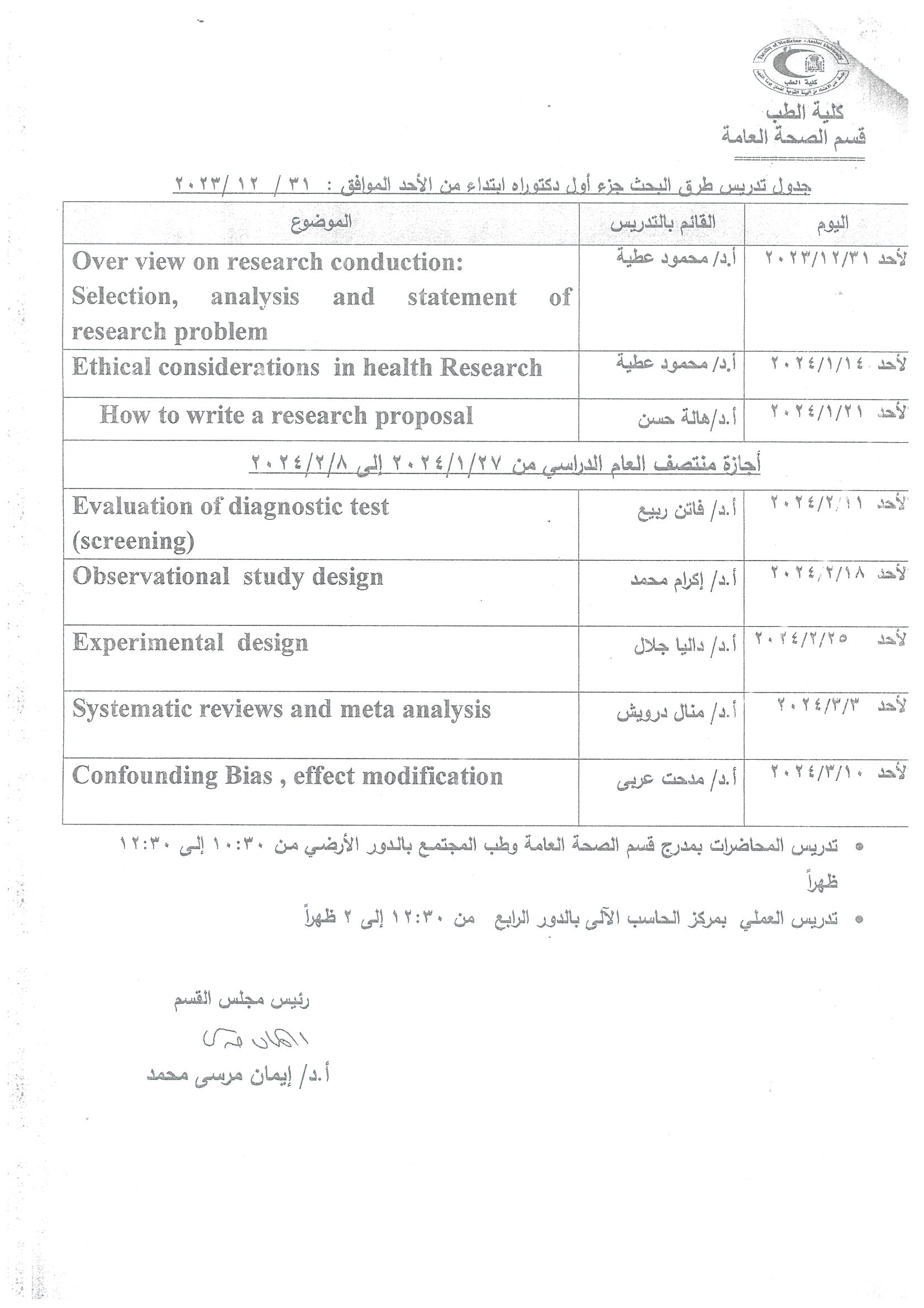 بشأن موافقه قسم الصحه العامه وطب المجتمع على بدء محاضرات جزء اول دكتوراه