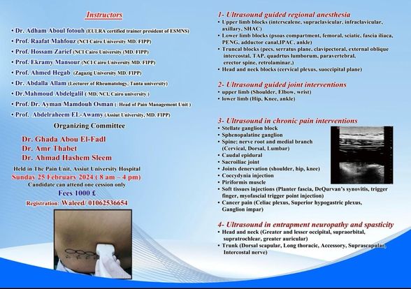 ٧ ورش العمل علي هامش مؤتمر  قسم التخدير والعناية المركزة وعلاج الألم السنوي السادس عشر - كلية الطب - جامعة أسيوط