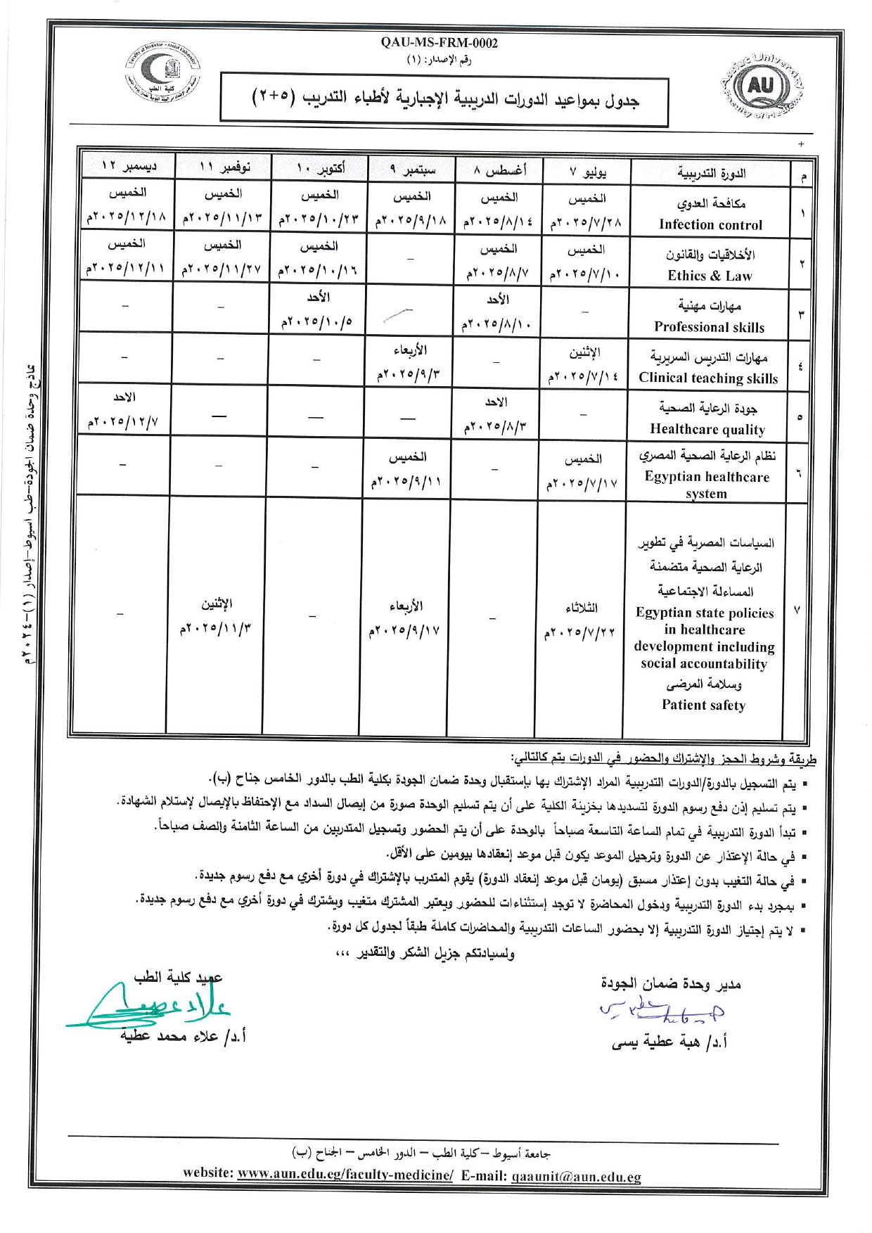 Schedule of compulsory training courses for trainee doctors (5+2)