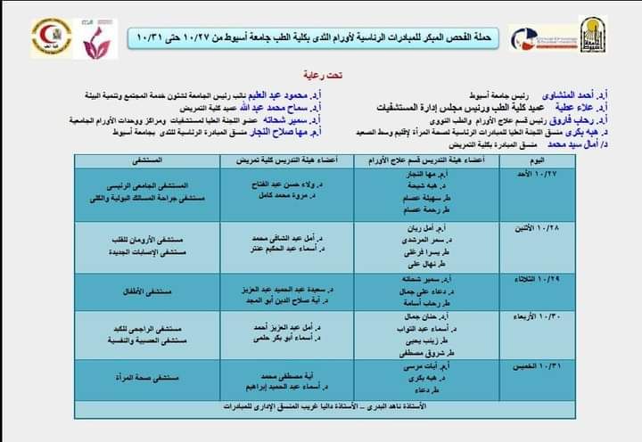 The Department of Oncology and Nuclear Medicine at the Main University Hospital, in cooperation with the Faculty of Nursing, organizes an early screening campaign for breast tumors for all women as part of the Pink October activities to raise awareness against breast cancer at Assiut University Hospitals.