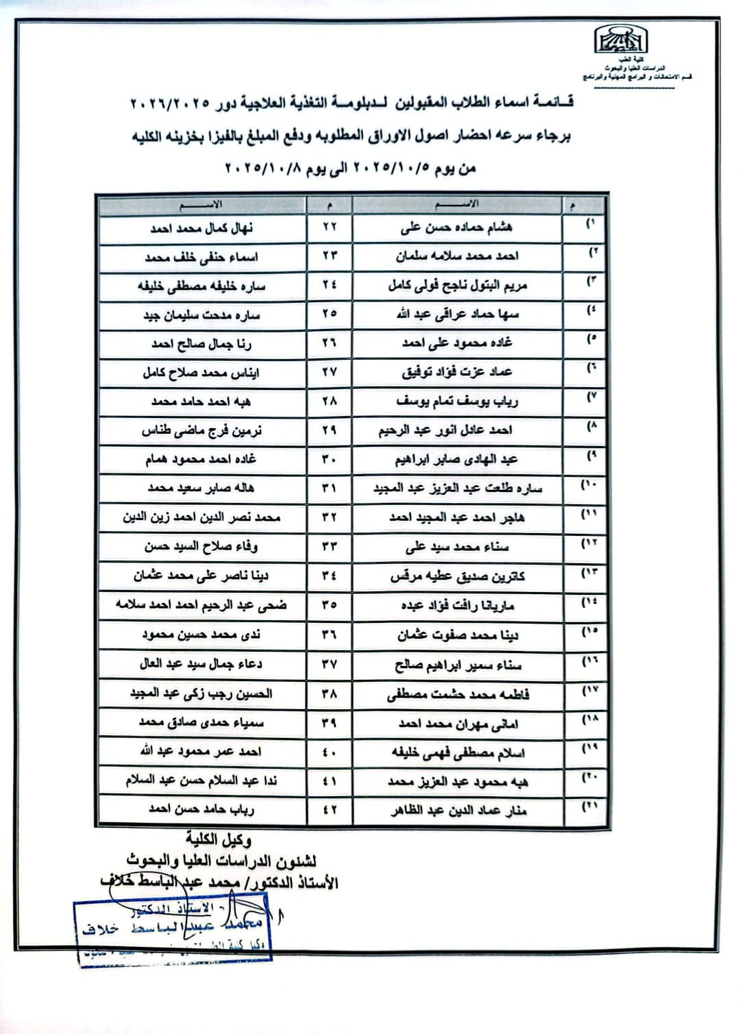 List of students accepted into the Clinical Nutrition Diploma program, 2025/2026 session