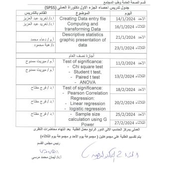 Teaching schedule for statistics, first part, PhD practical (spss)