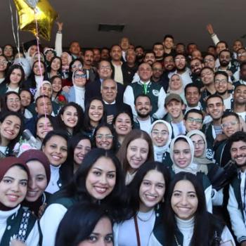 Fifth year students at the Faculty of Medicine, Assiut University (Batch 60) celebrate among their families and the college administration the completion of exams and the beginning of the internship stage.