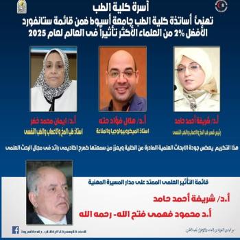 Faculty of Medicine professors at Assiut University are among Stanford’s list of 2% of the most influential scientists in the world for the year 2025.