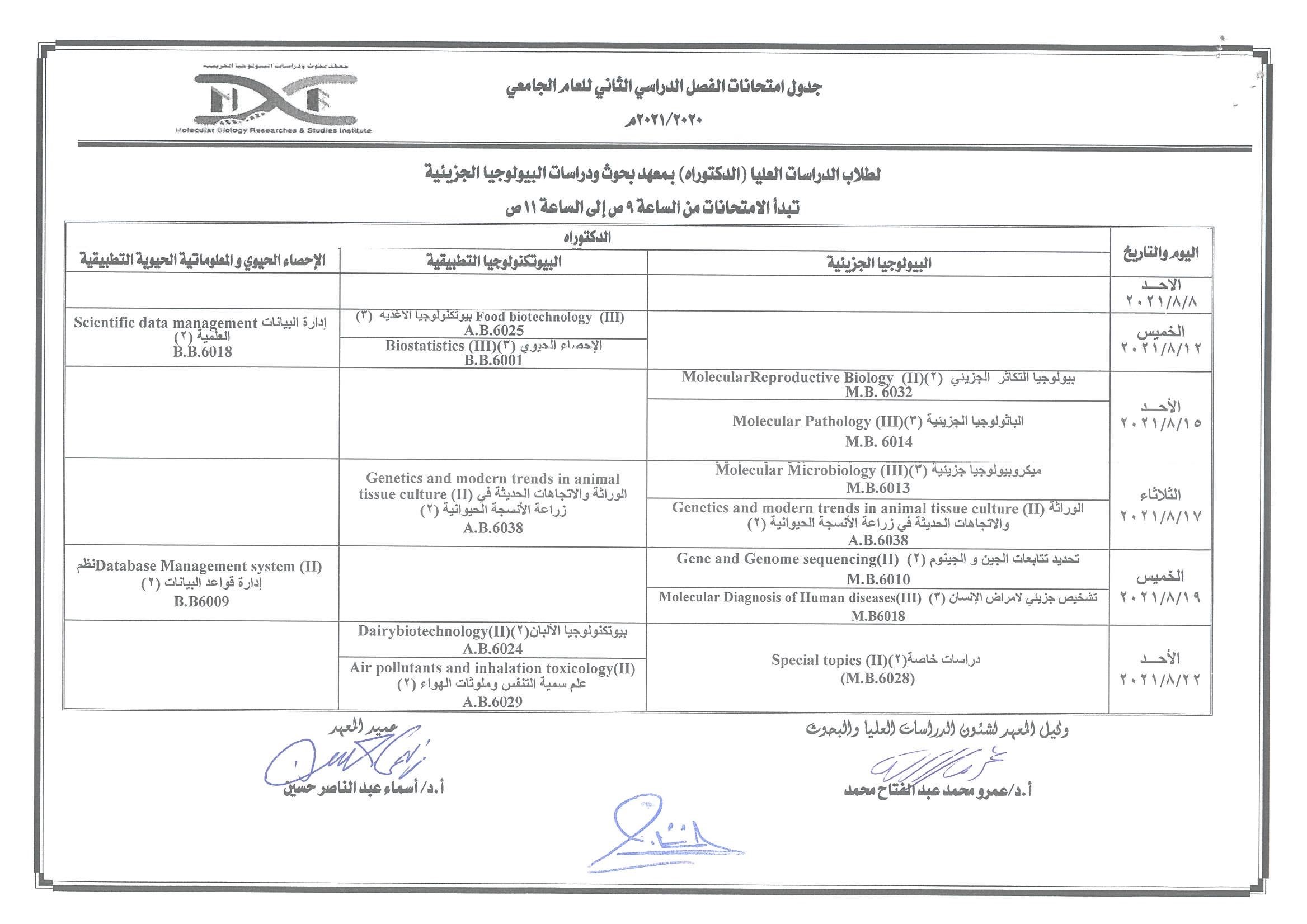 جدول امتحان الدكتوراه