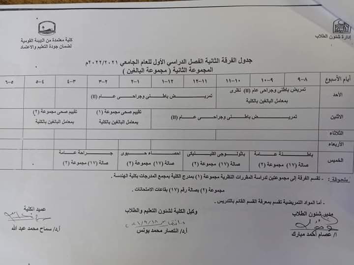 جدول الفرفة االثانية الفصل الدراسي الأول للعام الجامعي 2021-2022م