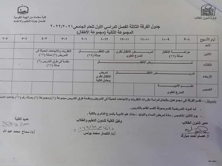 جدول الفرفة الثالثة  الفصل الدراسي الأول للعام الجامعي 2021-2022م المجموعة الثانية (مجموعة اطفال)