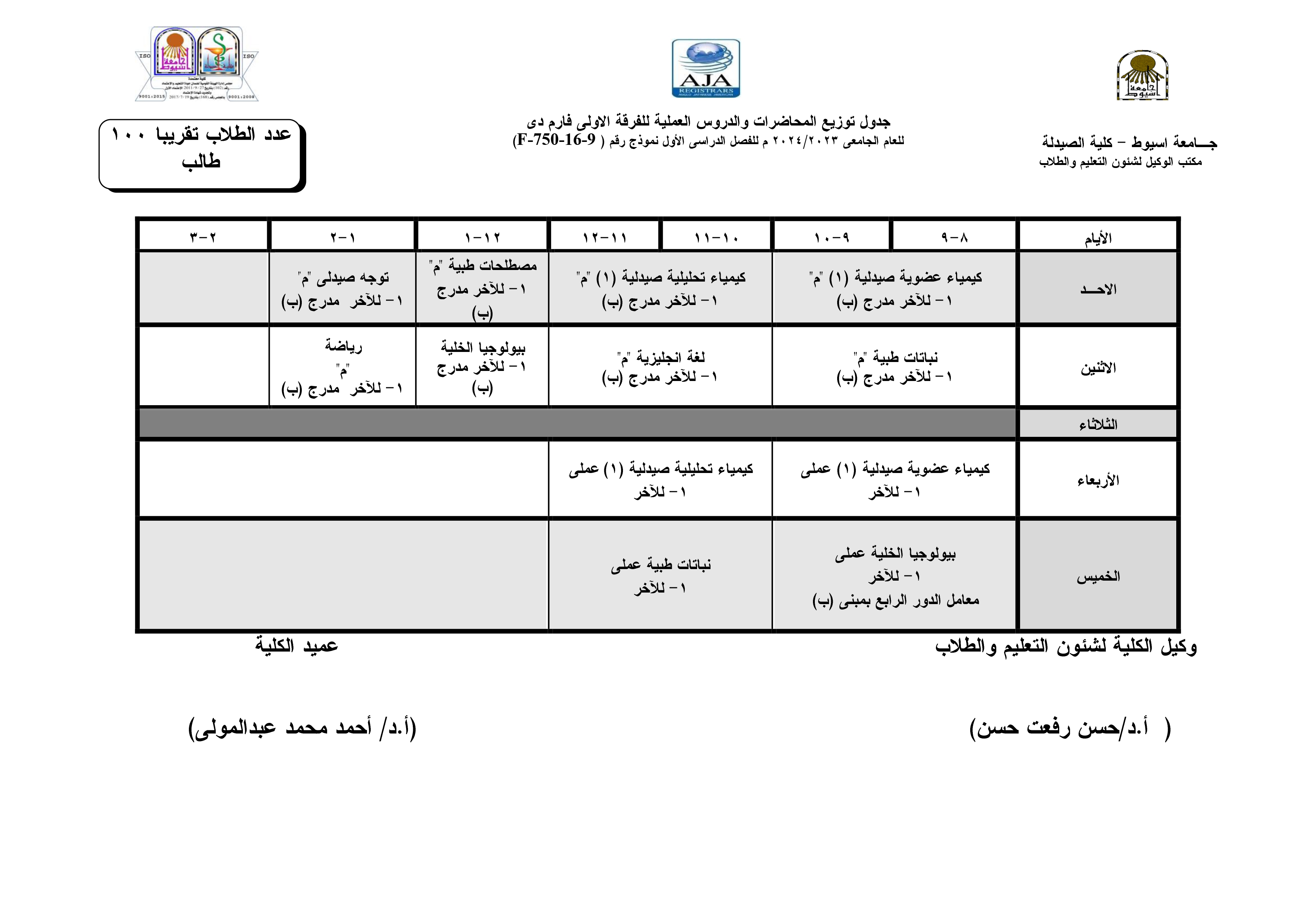 جدول توزيع المحاضرات والدروس العملية طبقا لنظام الساعات المعتمدة  فارم دى للفصل الدراسى الأول  للعام الجامعى 2024/2023م