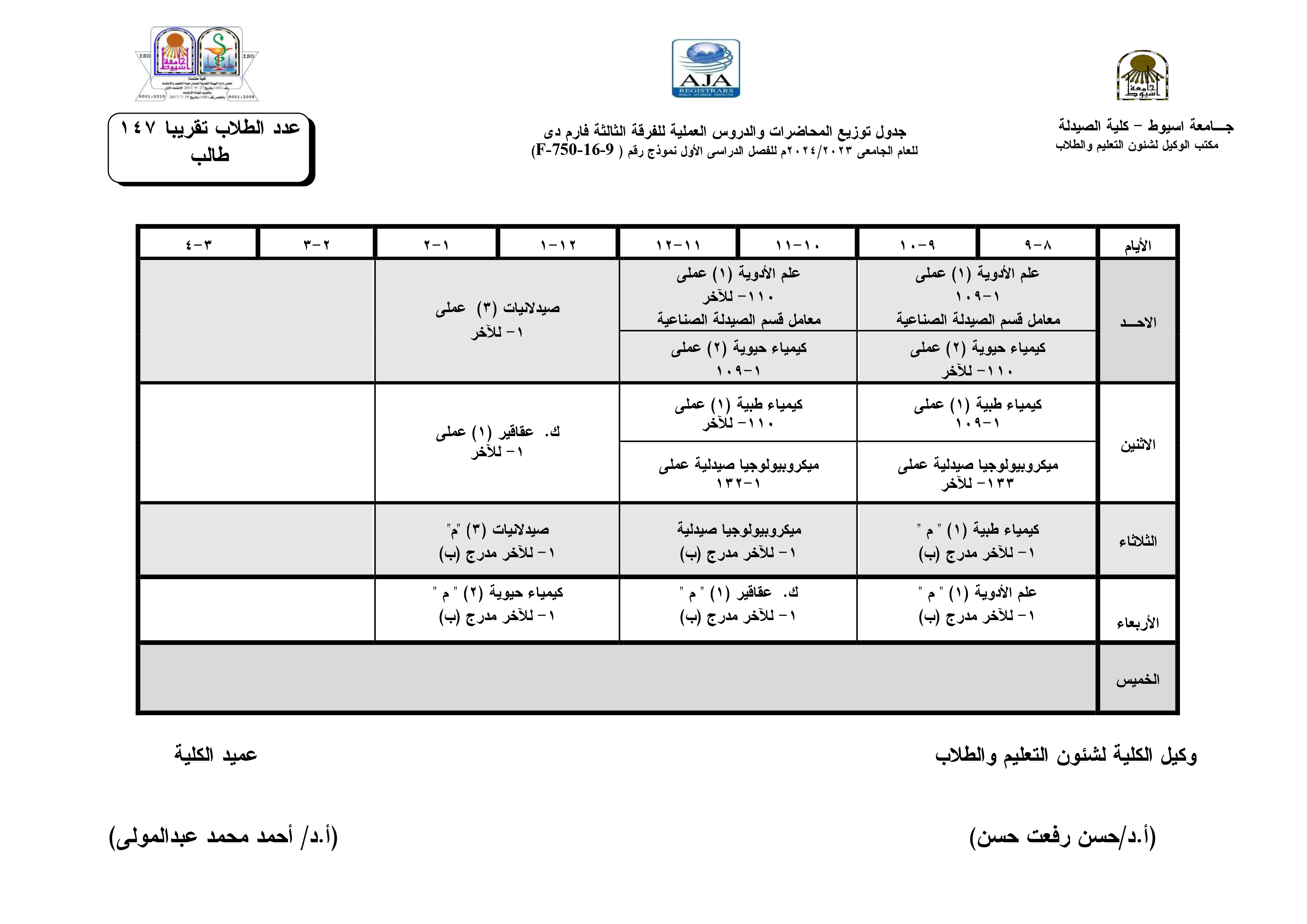 جدول توزيع المحاضرات والدروس العملية طبقا لنظام الساعات المعتمدة  فارم دى للفصل الدراسى الأول  للعام الجامعى 2024/2023م