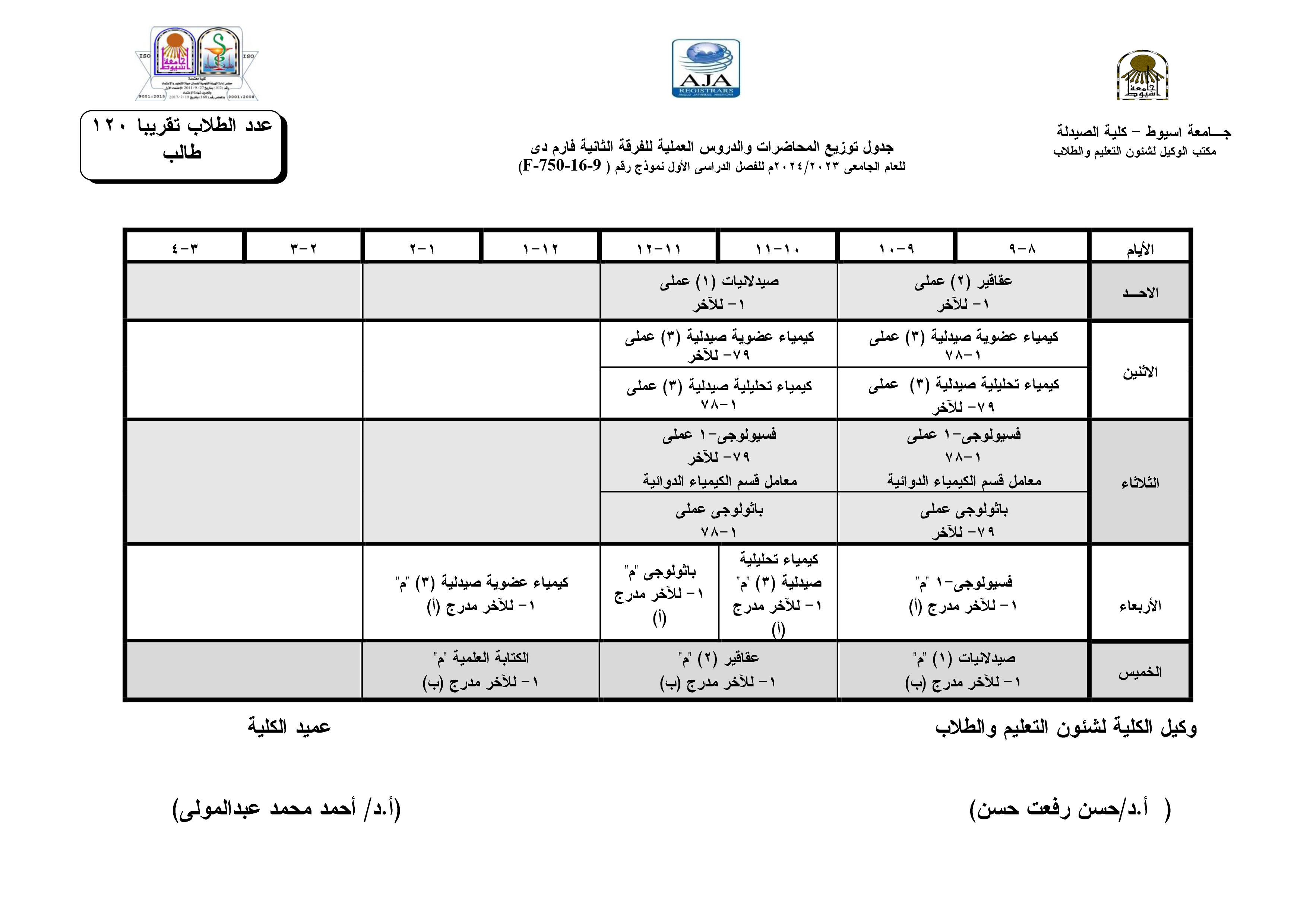 جدول توزيع المحاضرات والدروس العملية طبقا لنظام الساعات المعتمدة  فارم دى للفصل الدراسى الأول  للعام الجامعى 2024/2023م