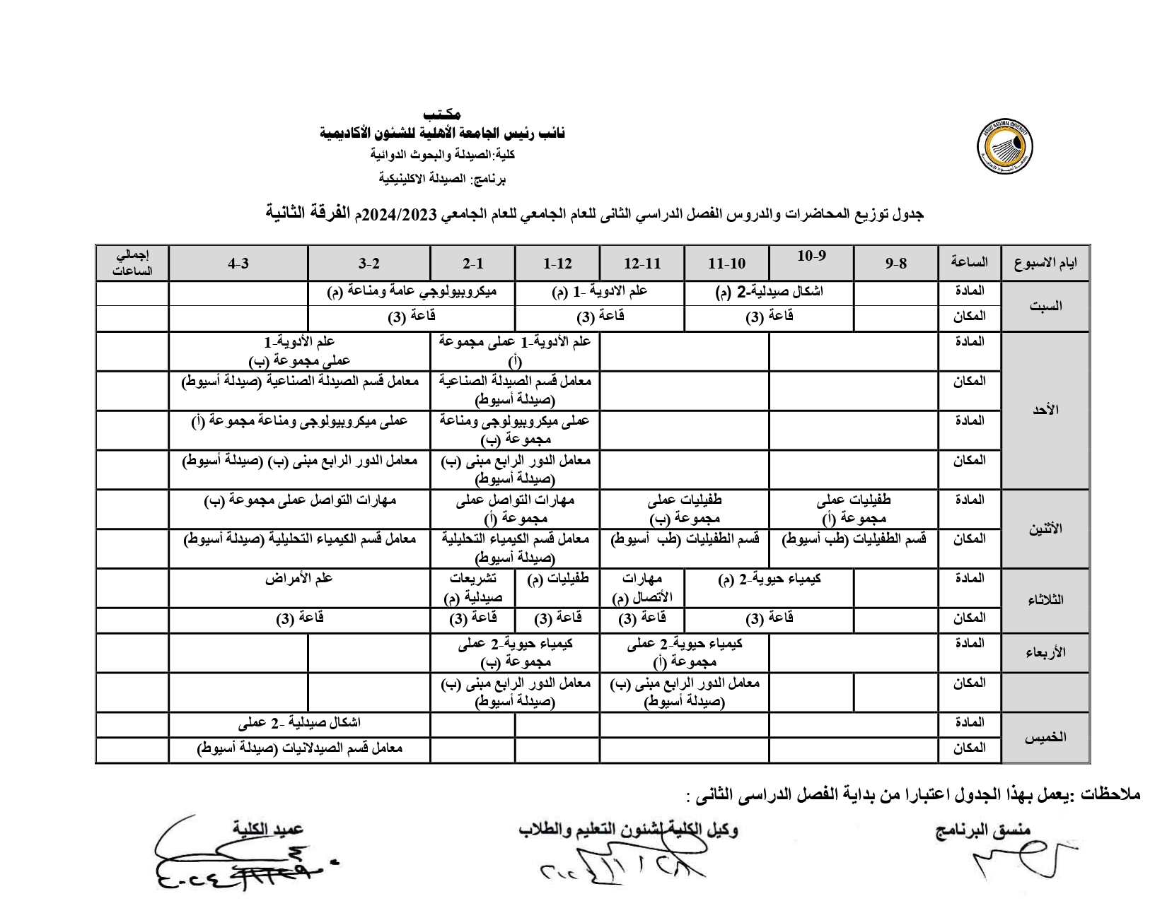 Distribution schedule of lectures and lessons for the second year of National University, second semester of the academic year 2023/2024