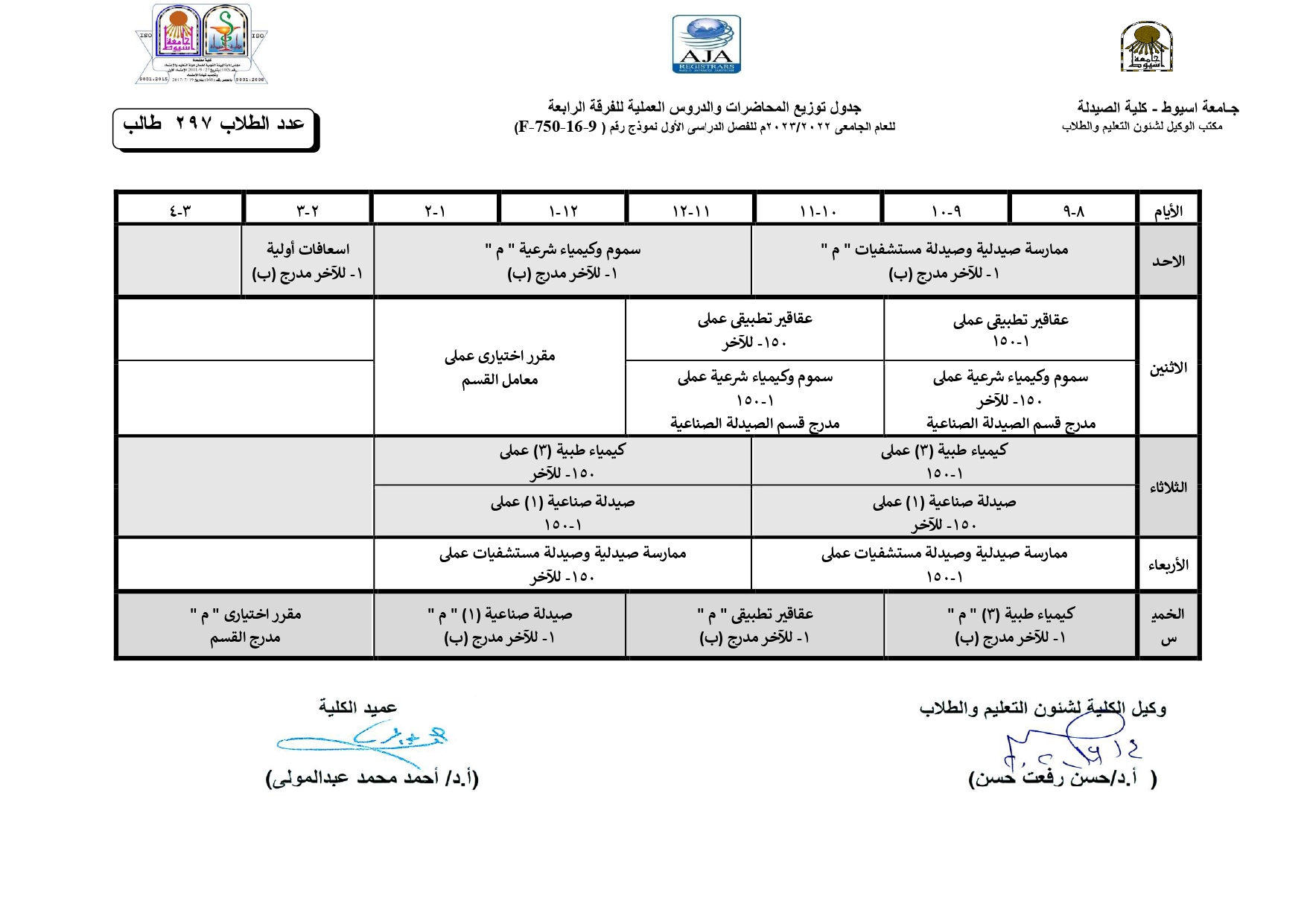 تعديل جدول توزيع المحاضرات والدروس العملية لبرنامج العلوم الصيدلية  للعام الجامعى 2023/2022م للفصل الدراسى الأول
