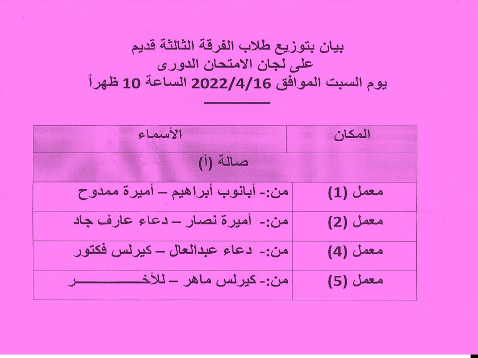 اعلان هام لطلاب الفرقة ثالثة قديم برنامج العلوم الصيدلية يوم السبت الموافق 16 أبريل 2022م لمقرر" كيمياء طيبة -2"