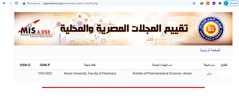تقييم مجلة كلية الصيدلة - جامعة اسيوط  Bulletin of Pharmaceutical Sciences  في قائمة المجلات الدولية في اخر تقييم بالمجلس الاعلى للجامعات