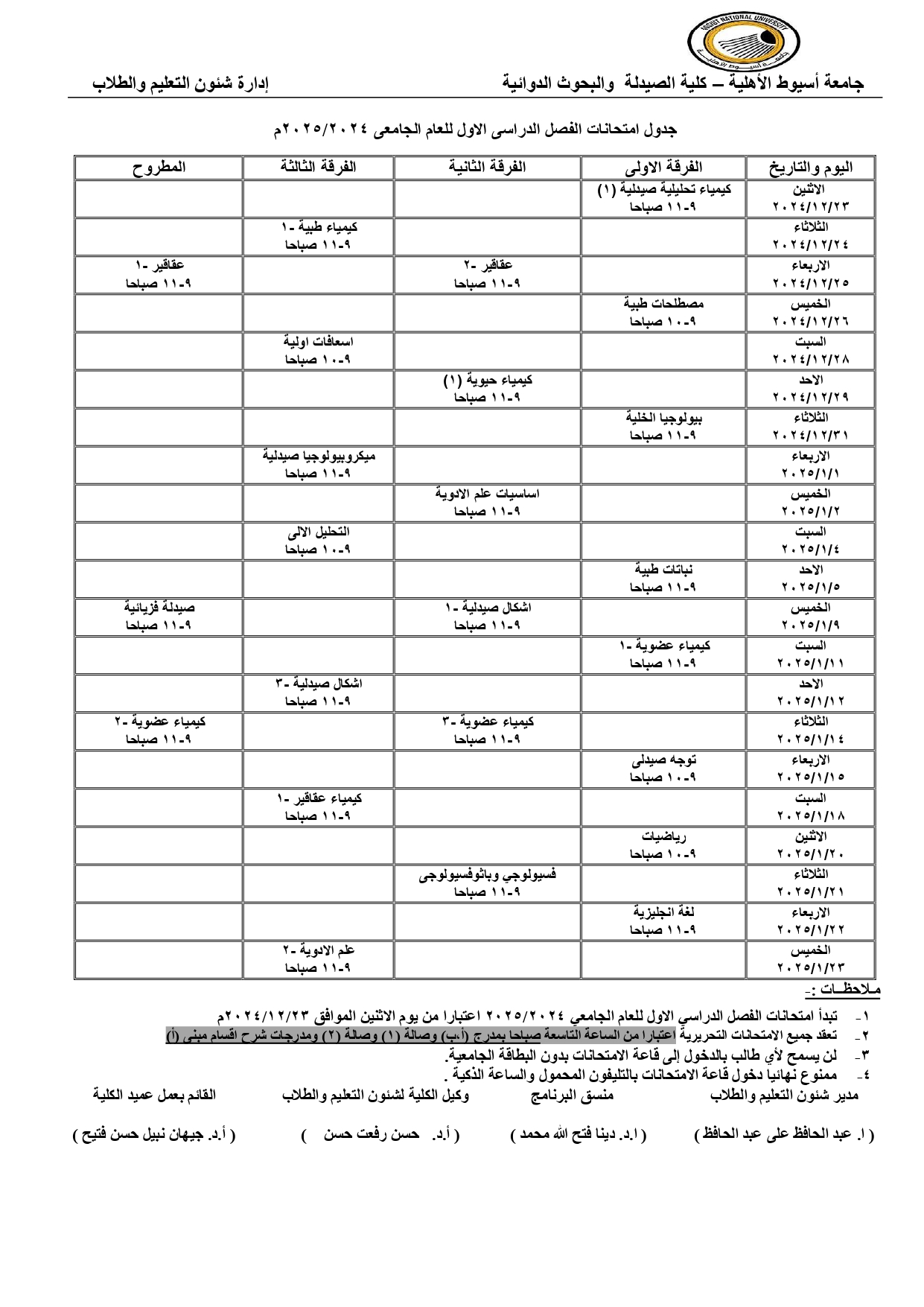 جدول امتحانات طلاب جامعة أسيوط الأهلية كلية الصيدلة والبحوث الدوائية الفصل الدراسى الاول للعام الجامعى2025/2024 م