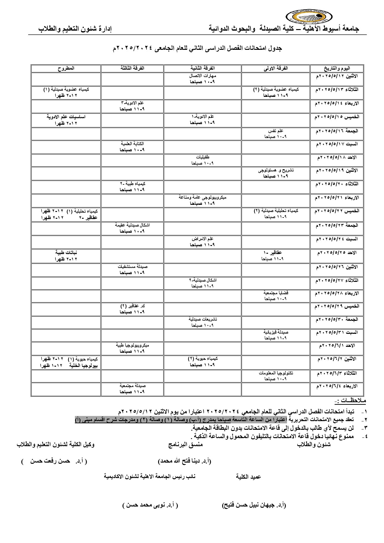 جدول امتحانات الفصل الدراسى الثانى للعام الجامعى 2024/2025م جامعة أسيوط الأهلية – كلية الصيدلة والبحوث الدوائية