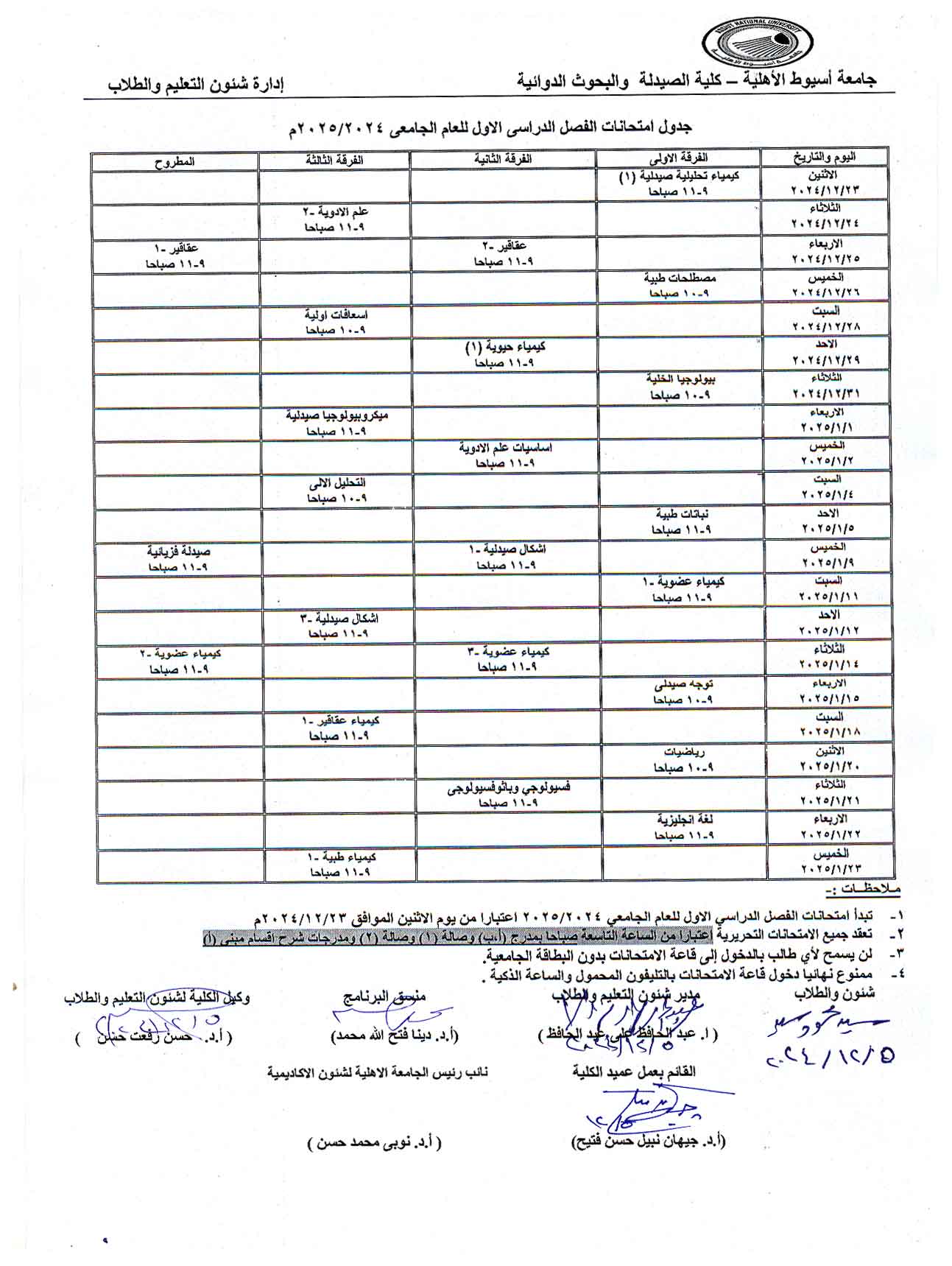 تعديل جدول امتحانات النهائية لطلاب جامعة أسيوط الأهلية كلية الصيدلة والبحوث الدوائية الفصل الدراسى الاول للعام الجامعى2025/2024 م
