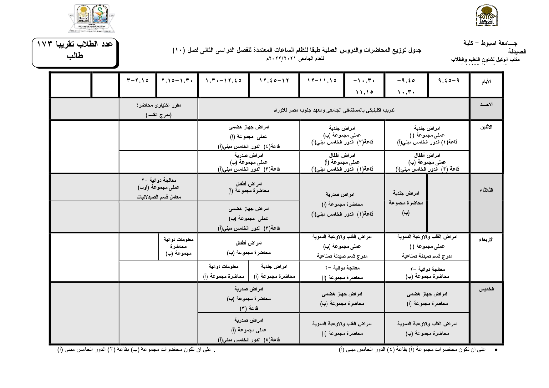 جداول توزيع المحاضرات والدروس العملية للفصل الدراسي الثانى للعام الجامعى 2021/2022م الصيدلة الإكلينيكية وذلك طبقاً لمواعيد شهر رمضان الكريم