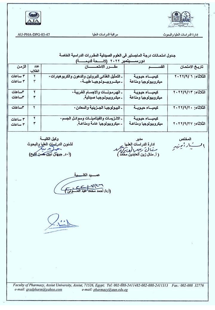 جدول امتحانات درجة الماجستير فى العلوم الصيدلية المقررات الدراسية الخاصة دور سبتمبر 2022 (لائحة قديمة)