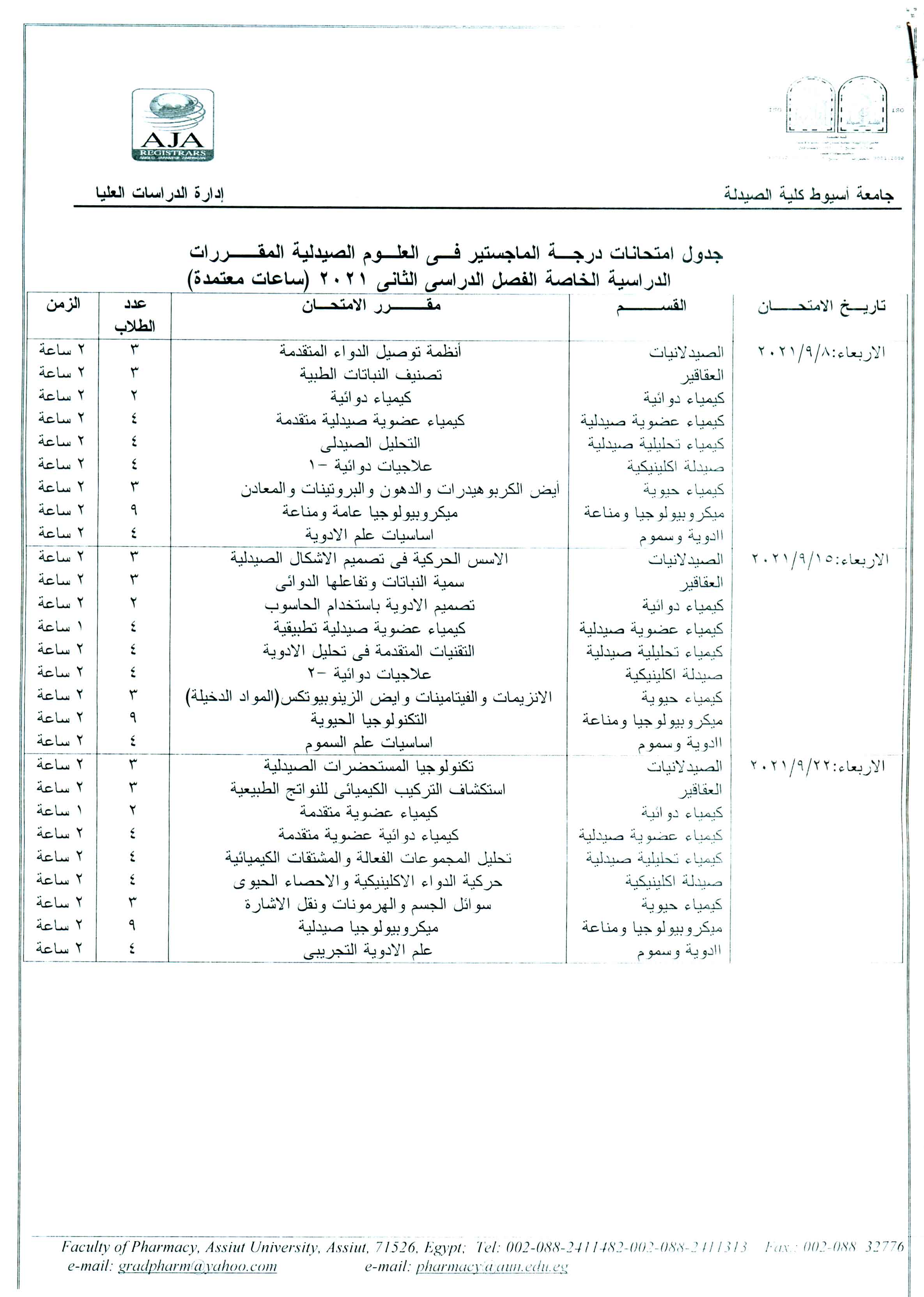 جدول لامتحانات درجة الماجستير فى العلوم الصيدلية المقررات الدراسية الخاصة للفصل الدراسي الثانى 2021م (ساعات معتمدة)