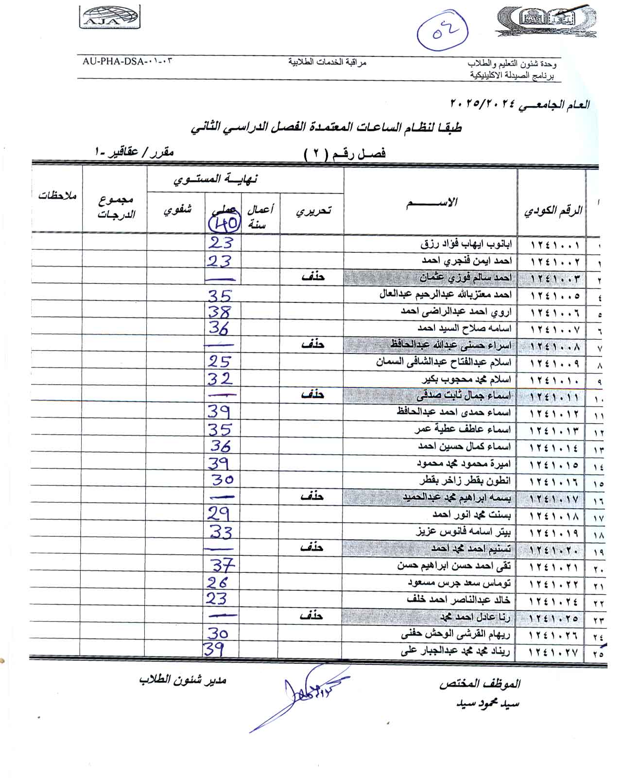 كشف درجات العملى لطلاب فصل (2) مقرر عقاقير-1