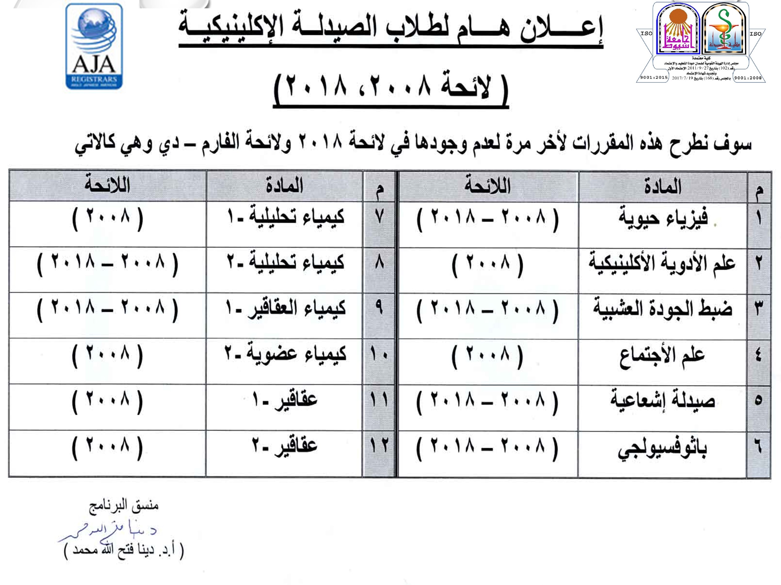 إعلان هام لطلاب الصيدلة الإكلينيكية (لائحة 2008 ، 2018)