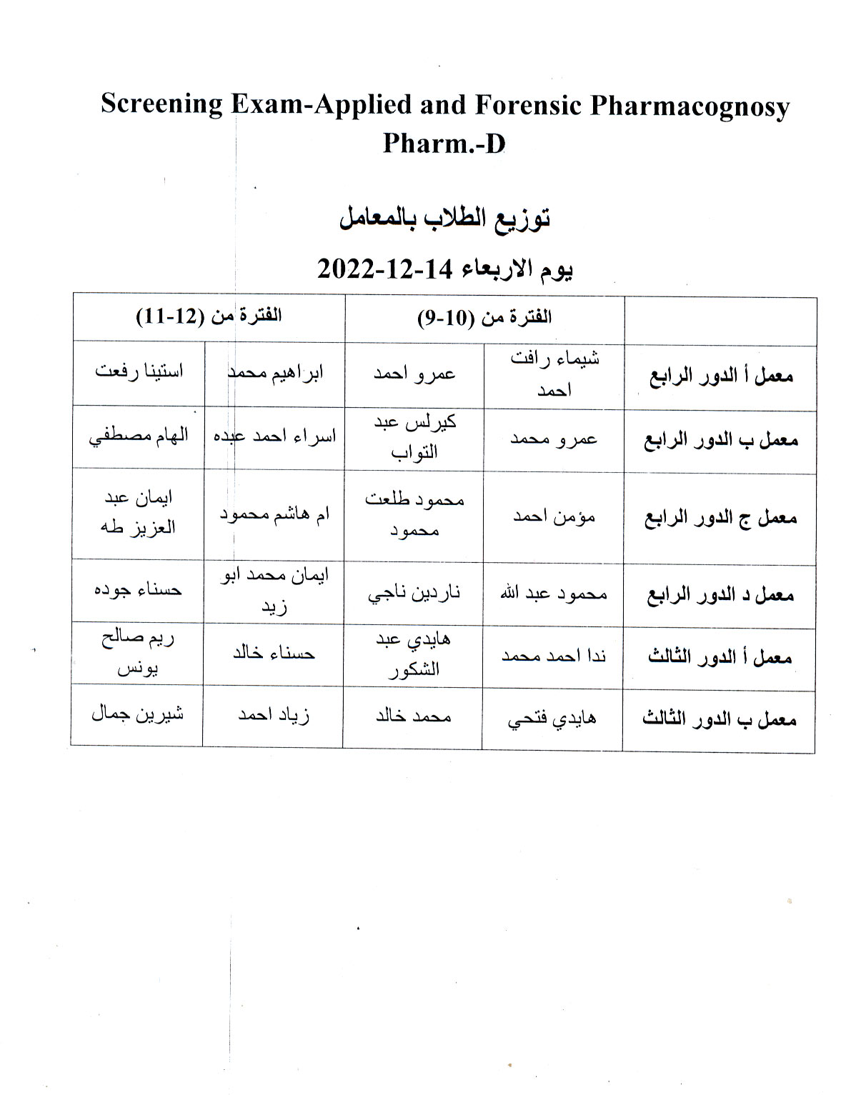 توزيع الطلاب بالمعامل  Screening Exam-Applied and Forensic Pharmacognosy  Pharm-D