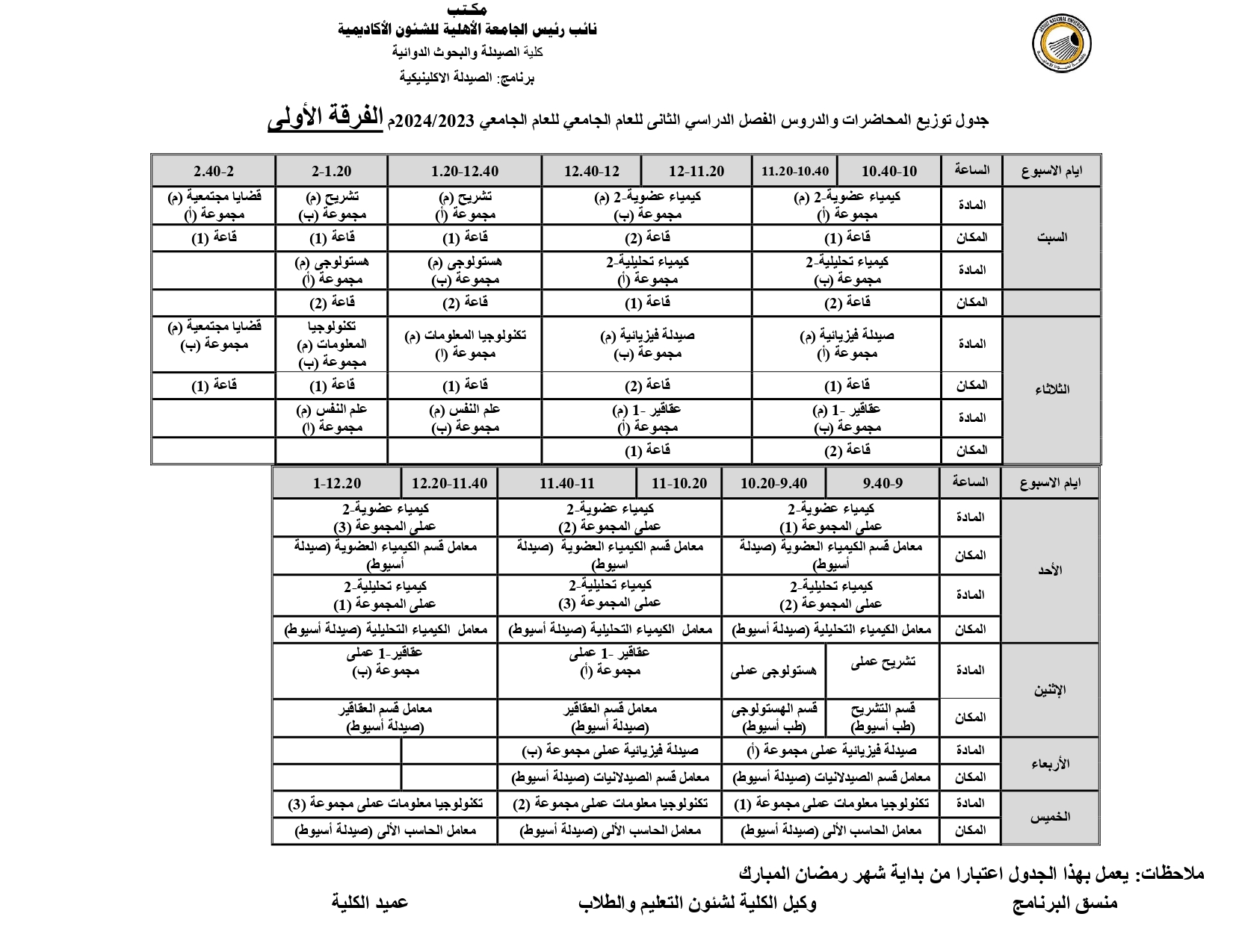 جدول توزیع المحاضرات والدروس  خلال شهر رمضان المعظم للفصل الدراسي الثانى للعام الجامعي للعام الجامعي 2023/2024 الجامعة الأهلية الفرقة (أولى والثانية)